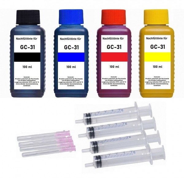 Nachfüllset für Ricoh Tintenpatronen GC-31 black, cyan, magenta, yellow - 4 x 100 ml Tinte + Zubehör