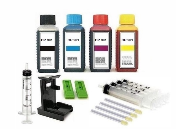 Nachfüllset für HP 901 (XL) black + color Tintenpatronen - 4 x 100 ml Nachfülltinte + Zubehör