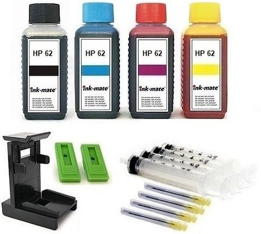 Nachfüllset für HP 62 (XL) black + color Tintenpatronen - 4 x 100 ml Tinte + Zubehör