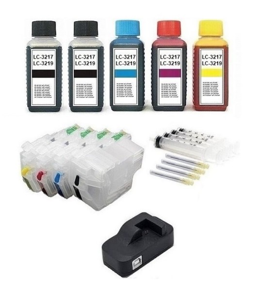Wiederbefüllbare Patronen wie Brother LC-3217, LC-3219 XL + Chipresetter + 500 ml Nachfülltinte