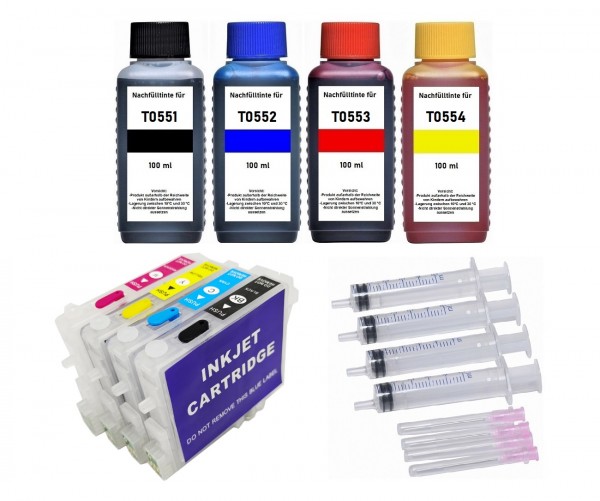 Wiederbefüllbare Tintenpatronen Epson T0551-T0554 + 400 ml Nachfülltinte