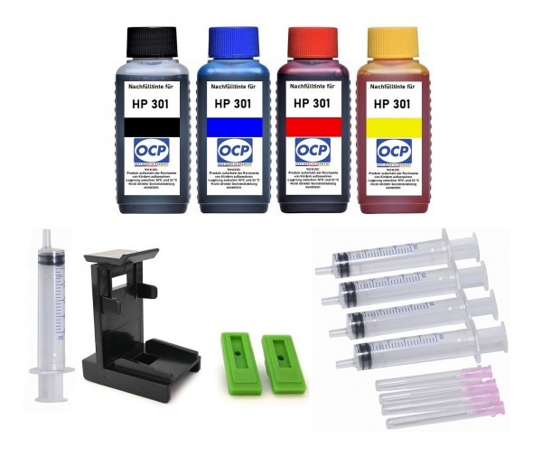 Nachfüllset für HP 301 (XL) black + color Tintenpatronen - 4 x 100 ml OCP Tinte + Zubehör