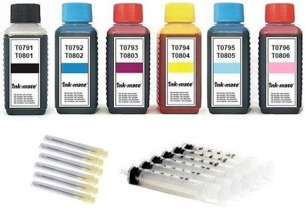 Nachfüllset für Epson Tintenpatronen T0791-T0796, T0801-T0806 - 6 x 100 ml Tinte + Zubehör