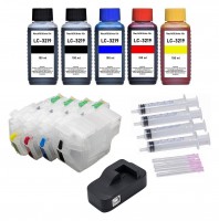 Wiederbefüllbare Tintenpatronen Brother LC-3217, LC-3219 XL + Chipresetter + 500 ml Nachfülltinte Wiederbefüllbare Tintenpatronen Brother LC-3217, LC-3219 XL + Chipresetter + 500 ml Nachfülltinte