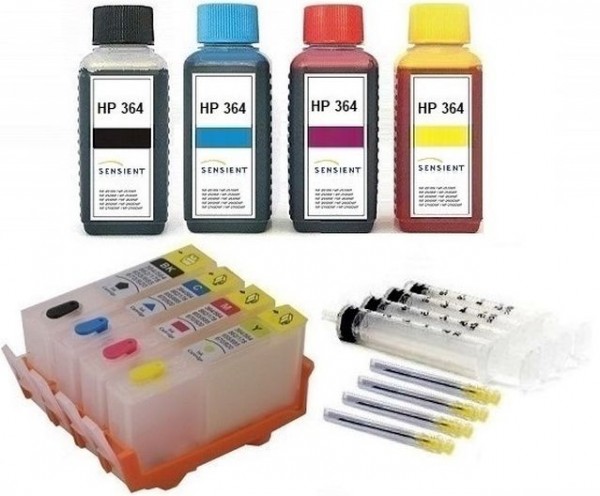 Wiederbefüllbare QUICKFILL-FILL-IN Patronen HP 364 XL - 4 Patronen + 400 ml SENSIENT Tinten