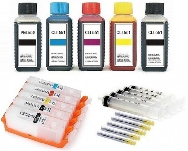 5 wiederbefüllbare QUICKFILL-FILL-IN Patronen wie Canon PGI-550 & CLI-551 + 500 ml Nachfülltinte