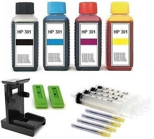 Nachfüllset für HP 301 (XL) black + color Tintenpatronen - 4 x 100 ml Nachfülltinte + Zubehör