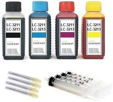 Nachfüllset für Brother Tintenpatronen LC-3211, LC-3213 - 4 x 100 ml Sensient Tinte + Zubehör