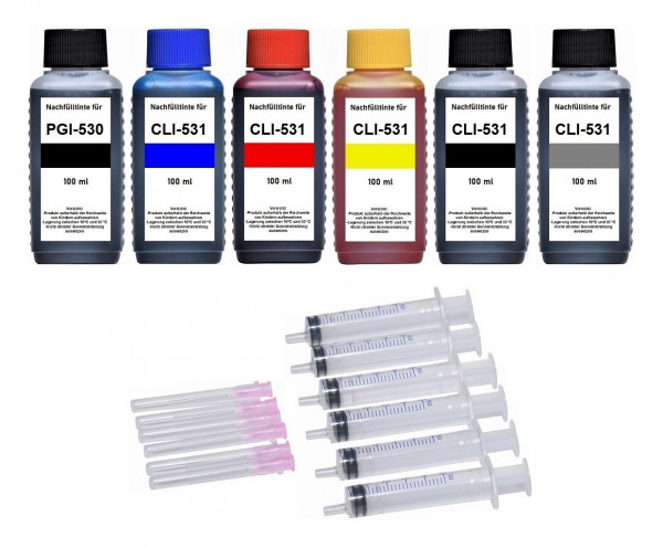 Nachfüllset für Canon Tintenpatronen PGI-530 + CLI-531 - 6 x 100 ml Nachfülltinte + Zubehör