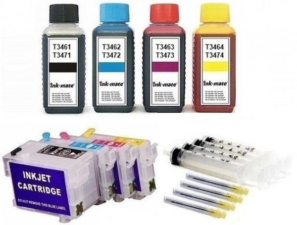 Wiederbefüllbare QUICKFILL-FILL-IN Patronen wie Epson T3471-T3474, T34 XL + 400 ml INK-MATE Tinten