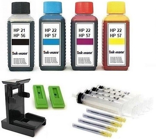 Nachfüllset für HP 21, 22, 27, 28, 56, 57 Tintenpatronen - 4 x 100 ml Tinte + Zubehör