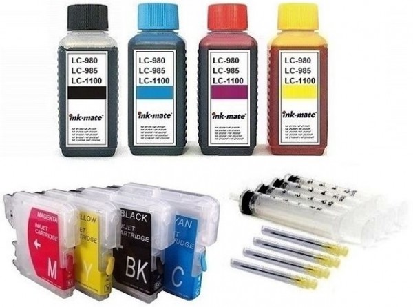 Wiederbefüllbare QUICKFILL-FILL-IN Patronen wie Brother LC-980, LC-1100 + 400 ml INK-MATE Tinten