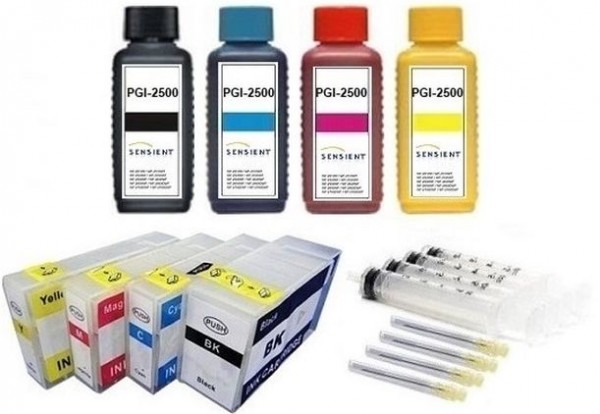 Wiederbefüllbare QUICKFILL-FILL-IN Patronen wie Canon PGI-2500 + 4 x 100 ml SENSIENT Tinten