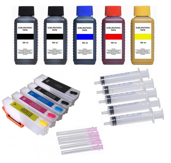 Wiederbefüllbare Tintenpatronen wie Epson T33 XL + 5 x 100 ml Dye-Sublimationstinte