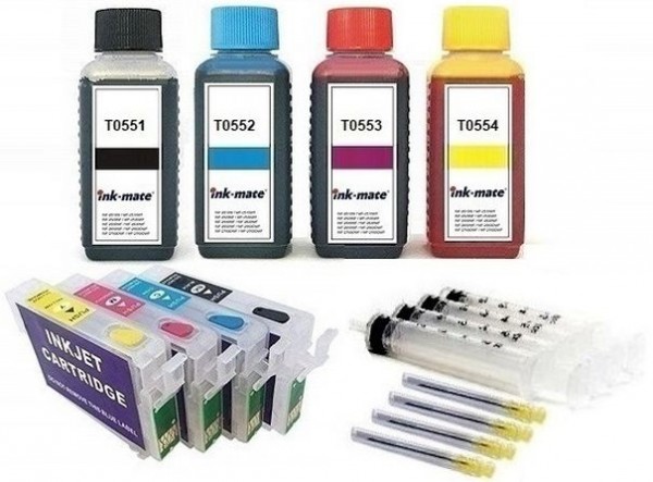 Wiederbefüllbare QUICKFILL-FILL-IN Patronen wie Epson T0551-T0554 + 400 ml INK-MATE Tinten