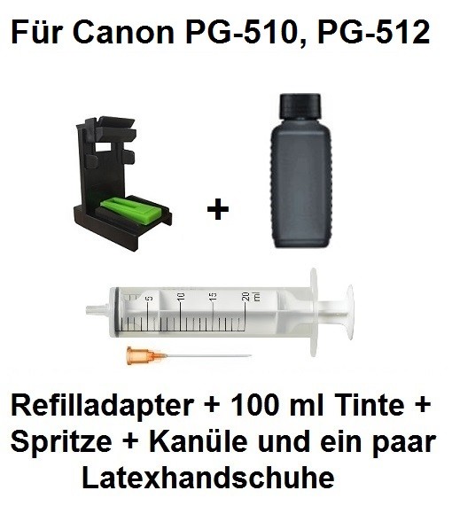 Befülladapter + 100 ml INK-MATE Nachfüll-Tinte black für Canon PG-510 und PG-512