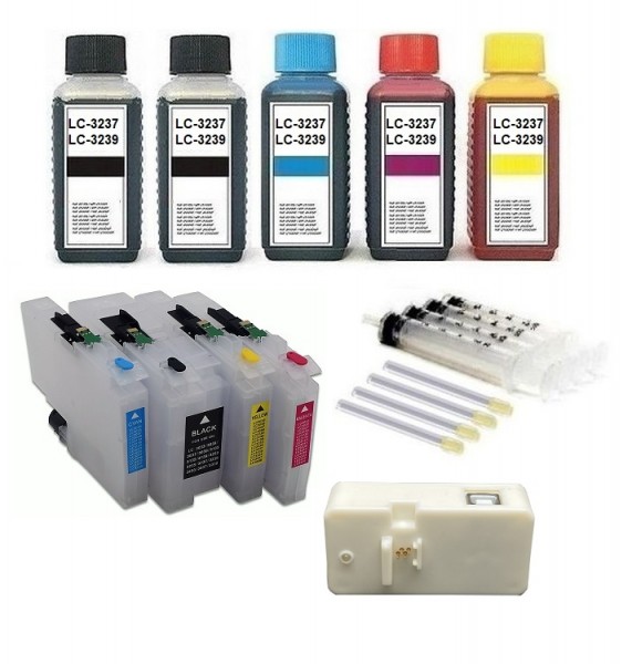 Wiederbefüllbare Tintenpatronen wie Brother LC-3237, LC-3239XL + Chipresetter + 500 ml Nachfülltinte