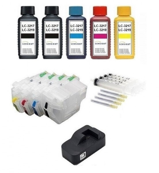Wiederbefüllbare Patronen wie Brother LC-3217, LC-3219 XL + Chipresetter + 500 ml SENSIENT Tinten