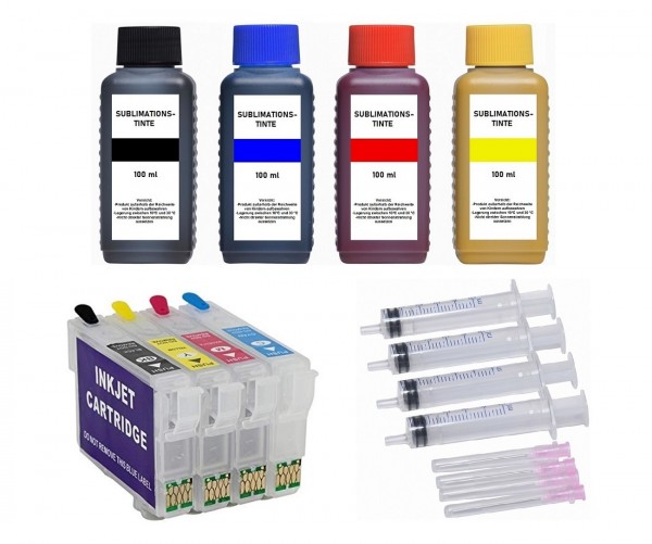 Wiederbefüllbare Tintenpatronen wie Epson T1291-T1294 + 4 x 100 ml Dye-Sublimationstinten