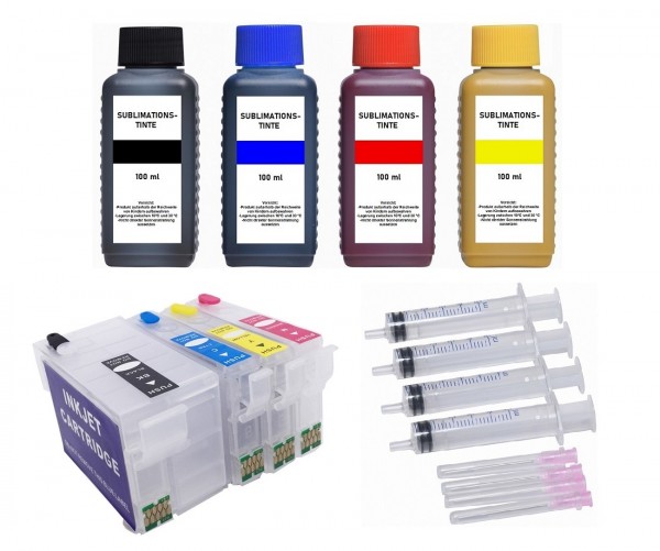Wiederbefüllbare Tintenpatronen wie Epson T27XL + 4 x 100 ml Sublimationstinte