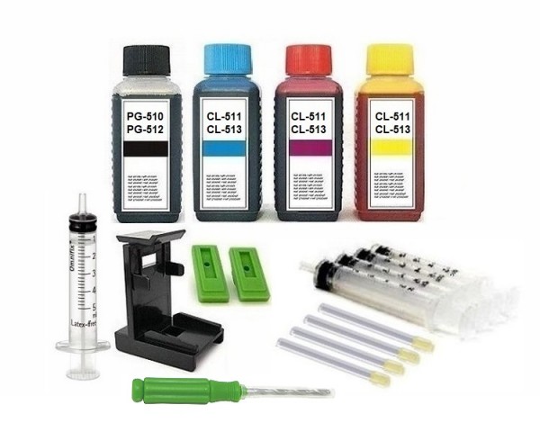 Nachfüllset f. Canon Tintenpatronen PG-510 PG-512 CL-511 CL-513 - 4 x 100 ml Nachfülltinte + Zubehör