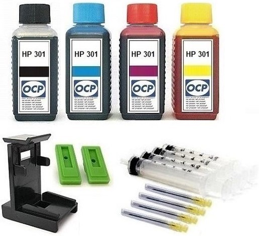 Nachfüllset für HP 301 (XL) black + color Tintenpatronen - 4 x 100 ml OCP Tinte + Zubehör