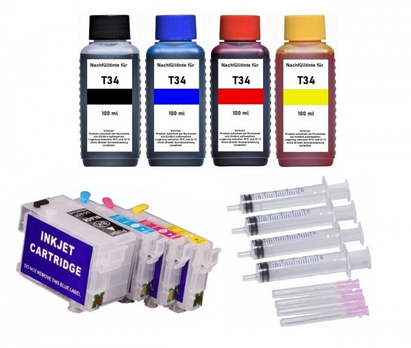 Wiederbefüllbare Tintenpatronen wie Epson T3471-T3474, T34XL + 400 ml Nachfülltinte