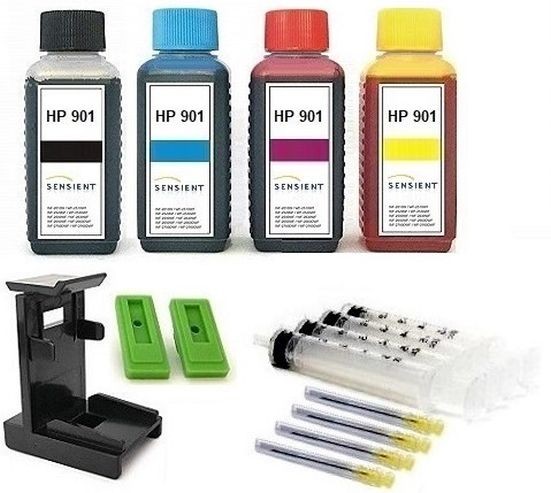 Nachfüllset für HP 901 (XL) black + color Tintenpatronen - 4 x 100 ml Sensient Tinte + Zubehör