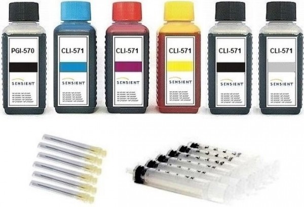 Nachfüllset für Canon Tintenpatronen PGI-570 + CLI-571 - 6 x 100 ml Sensient Tinte + Zubehör