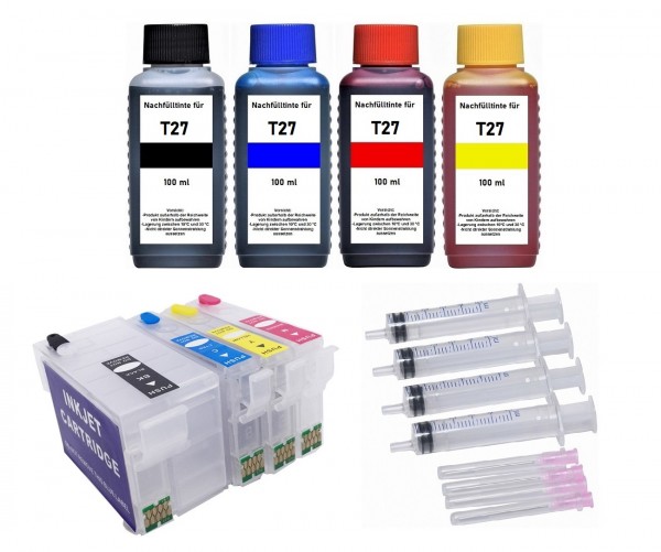 Wiederbefüllbare Tintenpatronen wie Epson T2711-T2714, T27 XL + 400 ml Nachfülltinte
