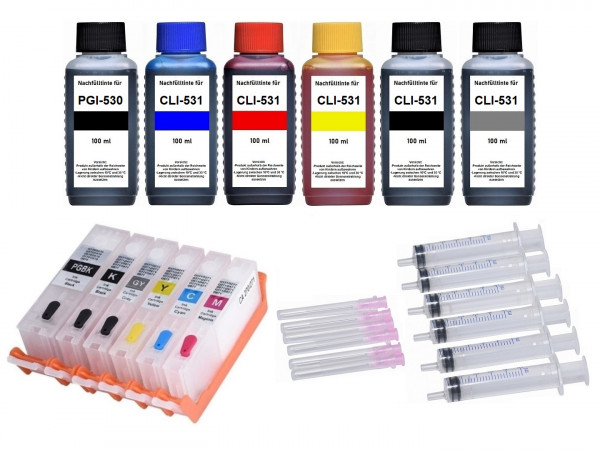 6 wiederbefüllbare Tintenpatronen Canon PGI-530 & CLI-531 + 600 ml Nachfülltinte