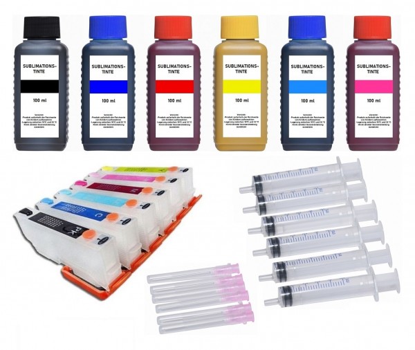 Wiederbefüllbare Tintenpatronen wie Epson T24 XL + 6 x 100 ml Dye-Sublimationstinten