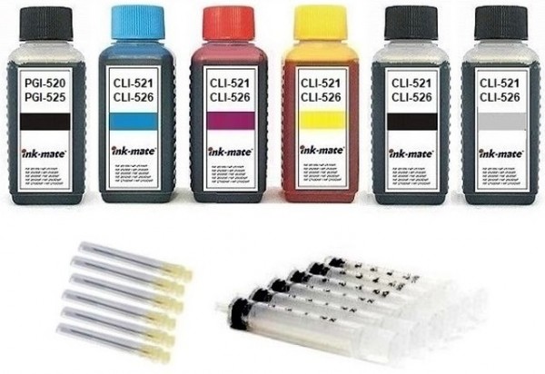 Nachfüllset für Canon Tintenpatronen PGI-520, CLI-521, PGI-525, CLI-526 - 6 x 100 ml Tinte + Zubehör