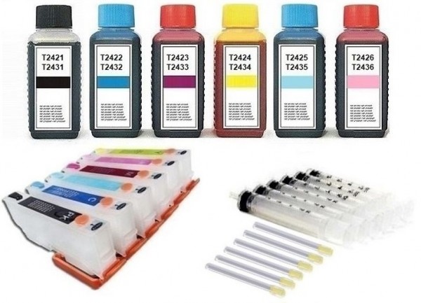 Wiederbefüllbare Tintenpatronen wie Epson T2431-T2436, T24 XL + 600 ml Nachfülltinte