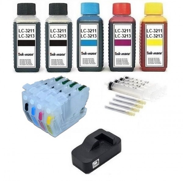 Wiederbefüllbare Patronen wie Brother LC-3211, LC-3213 + Chipresetter + 500 ml INK-MATE Tinten
