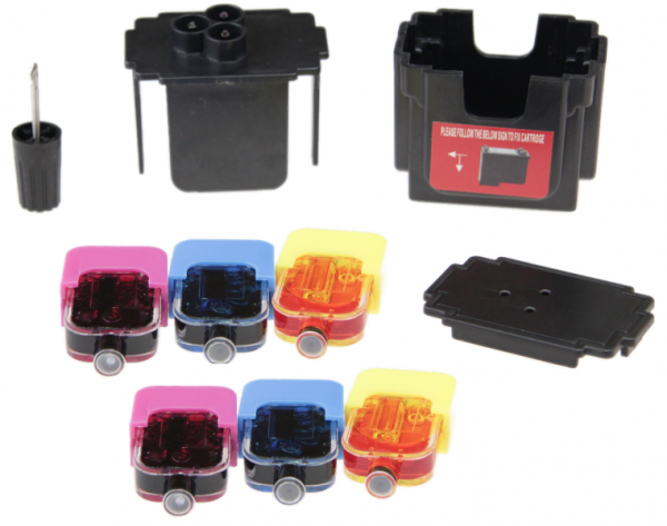 Easy Refill Befülladapter + Nachfüllset für HP 62 color (XL) Patronen C2P07AE, C2P06AE
