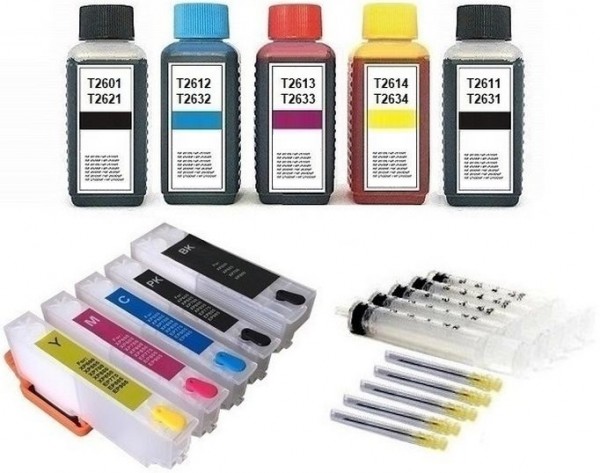 Wiederbefüllbare Tintenpatronen wie Epson T2621 + T2631-T2634 + 500 ml Nachfülltinte