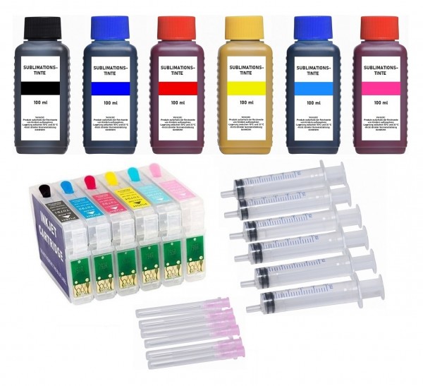Wiederbefüllbare Tintenpatronen wie Epson T0791-T0796 + 6 x 100 ml Dye-Sublimationstinten