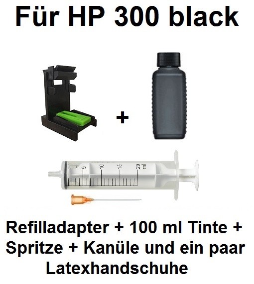 Befülladapter + 100 ml INK-MATE Nachfüll-Tinte schwarz für HP 300 black (XL)