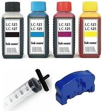 Nachfüllset 4 x 100 ml Tinte, Chipresetter, Befülladapter f. Brother LC-121 -123 -125 Tintenpatronen