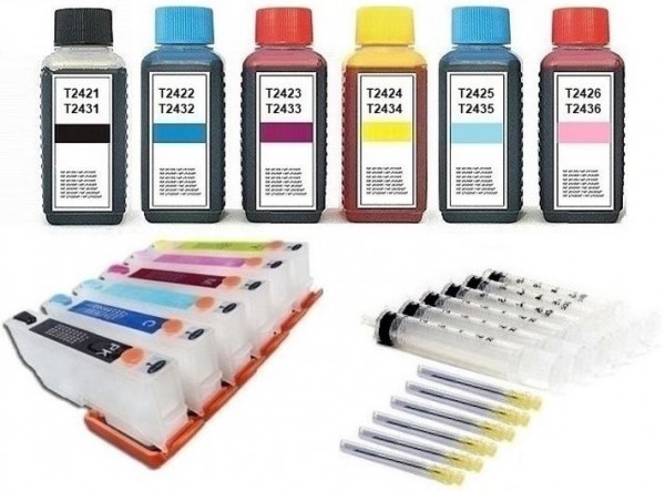 Wiederbefüllbare Tintenpatronen wie Epson T2431-T2436, T24 XL + 600 ml Nachfülltinte