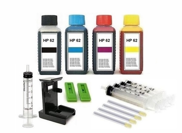 Nachfüllset für HP 62 (XL) black + color Tintenpatronen - 4 x 100 ml Nachfülltinte + Zubehör