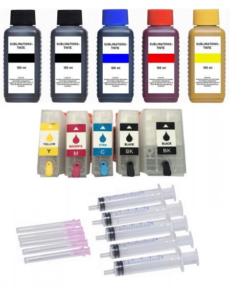 Wiederbefüllbare Tintenpatronen wie Epson 202, 202 XL + 5 x 100 ml Dye-Sublimationstinte