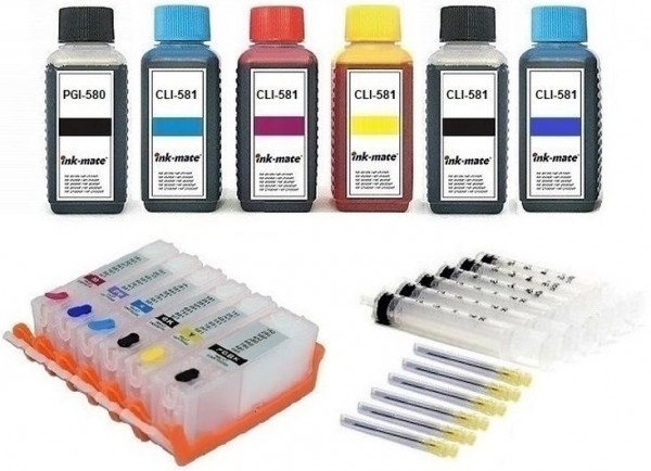 6 wiederbefüllbare QUICKFILL-FILL-IN Patronen wie Canon PGI-580 & CLI-581 + 600 ml INK-MATE Tinten