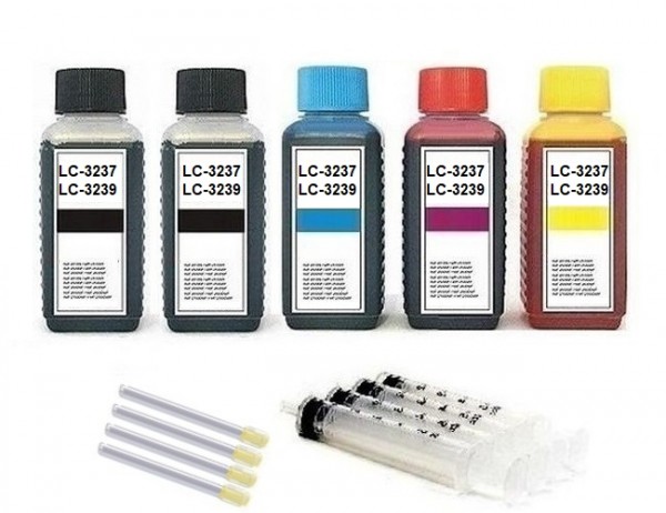 Nachfüllset für Brother Tintenpatronen LC-3237, LC-3239 XL - 5 x 100 ml Nachfülltinte + Zubehör