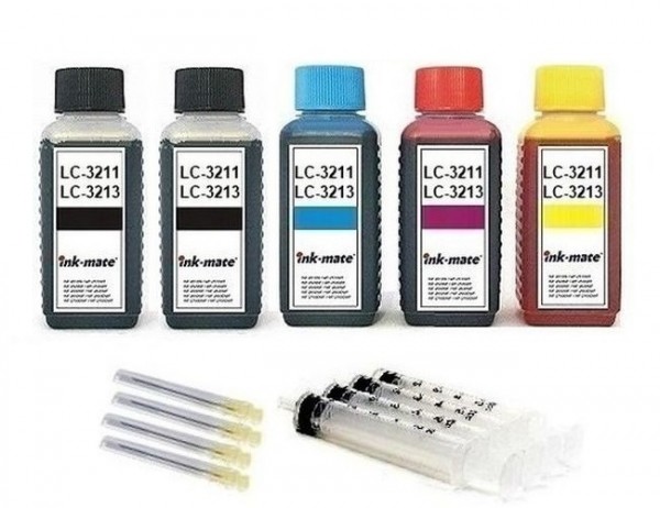 Nachfüllset für Brother Tintenpatronen LC-3211, LC-3213 - 5 x 100 ml Tinte + Zubehör