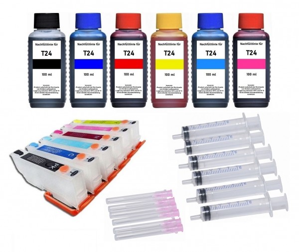 Wiederbefüllbare Tintenpatronen wie Epson T2431-T2436, T24XL + 600 ml Nachfülltinte