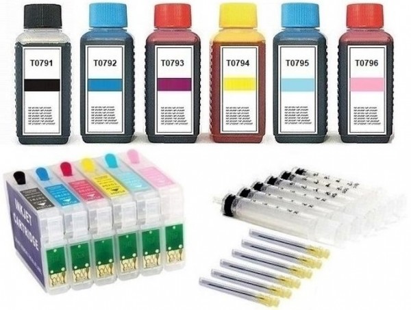Wiederbefüllbare Tintenpatronen wie Epson T0791-T0796 + 600 ml Nachfülltinte