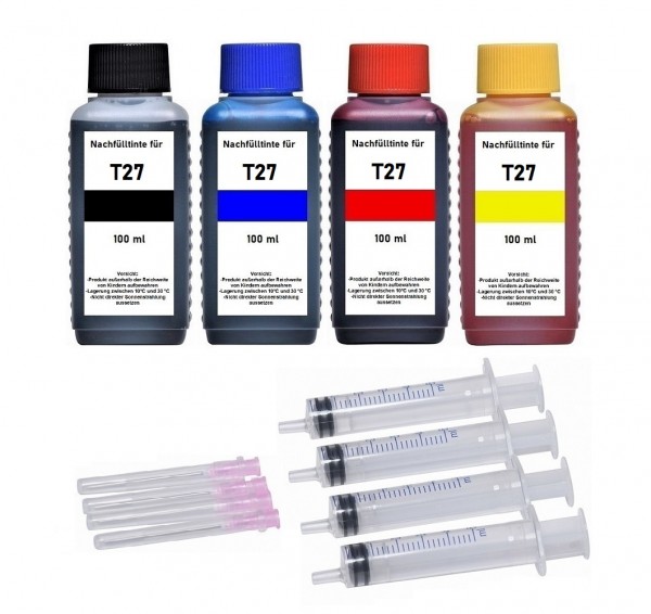 Nachfüllset für Epson Tintenpatronen T2701-T2704, T2711-T2714, T27XL - 4 x 100 ml Tinte + Zubehör