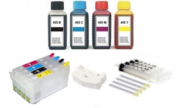 Wiederbefüllbare Tintenpatronen wie Epson 405 XL MIT CHIPS + Chipresetter + 400 ml Nachfülltinte